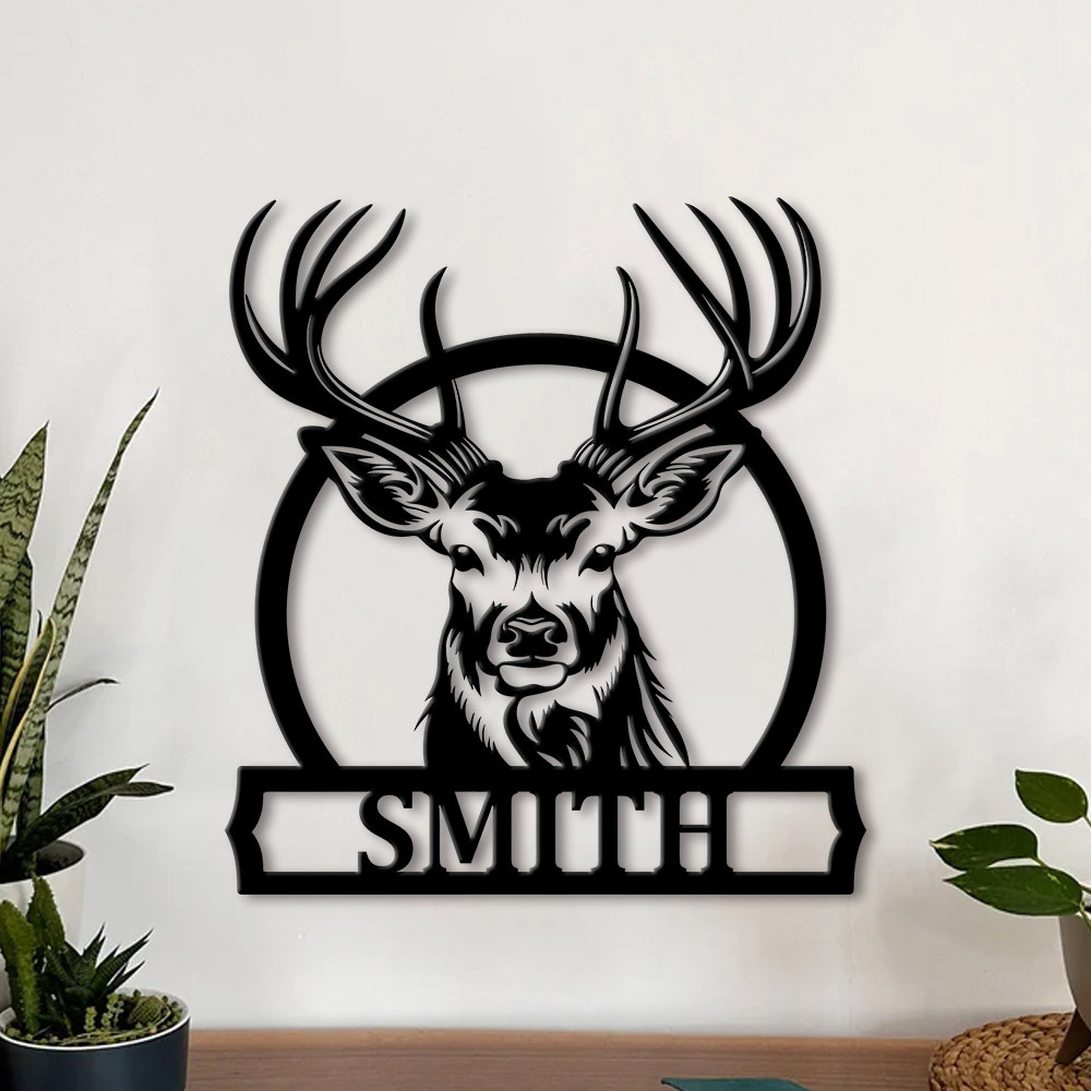 Home Decor Names - Kişiselleştirilmiş Geyik Aile Adı Metal Tabela